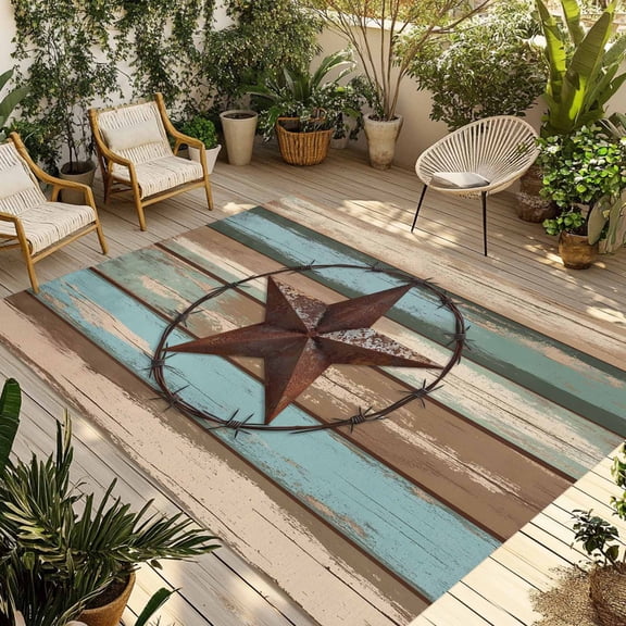 Teal Brown Texas Star Outdoor Rug 3x5 Ft - Reversible Patio Rug Outdoor Camping Rugs, Country Farmhouse Wooden Washable Indoor Outdoor Area Rugs, Non-Slip Outdoor Carpet Runner for Deck/Porch