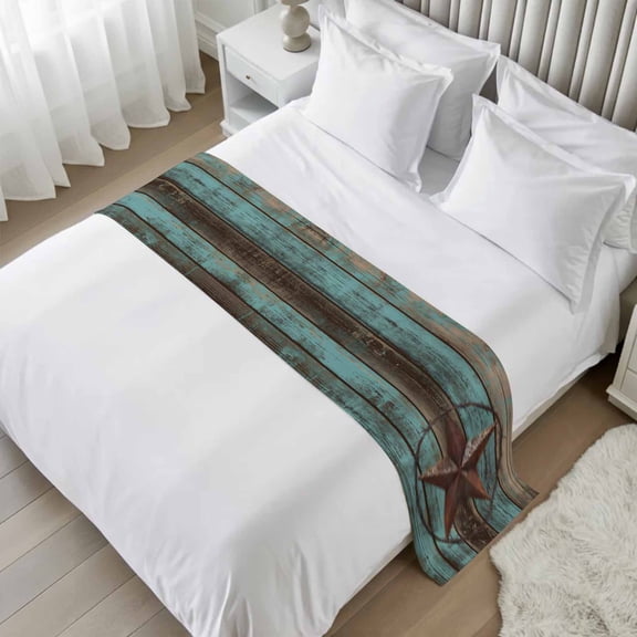 Teal Brown Texas Star Retro Bed Runner Scarf Twin Size, Vintage Star Wooden Luxury Bed Throw Runners & Scarves for Twin Full Queen King Foot of Beds, Bedroom Hotel Wedding Room Decoration, 71"x20"