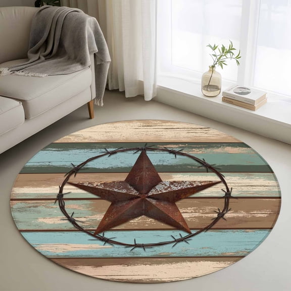 Teal Brown Texas Star Round Area Rug 4 FT, Non Slip Indoor Outdoor Rug, Country Farmhouse Wooden Washable Soft Circular Carpet Non-Shedding Floor Mat for Coffee Table Nursery Foyer Balcony