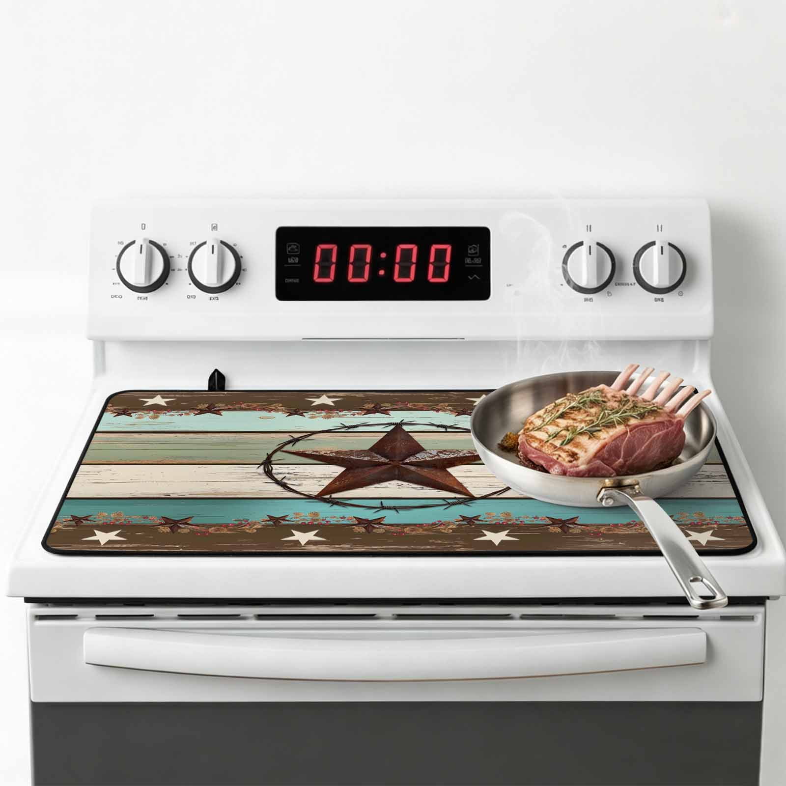Teal Brown Texas Star Stove Top Cover for Electric Stove, Heat-proof & Non Slip Glass Top Stove Cover Protector, Farmhouse Country Wooden Kitchen Flat Cooktop Rubber Mat 24x21 Inches
