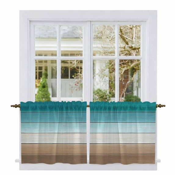 Teal Brown Tier Curtains, Rustic Vintage Abstract Ombre Wooden Plank Light Filtering Kitchen Curtains, 2Pcs Rod Pocket Half Window Treatments Panels for Sink Cafe Cabinet Camper 27.5x24 Inches