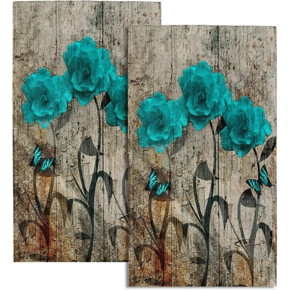 Teal Brown Turquoise Rose Hand Towels Blue Butterfly Floral Fingertip Towel Soft Absorbent Washcloth Farmhouse Rustic Decorative for Bathroom Home Spa Yoga 14.4 x 28.3 Inch