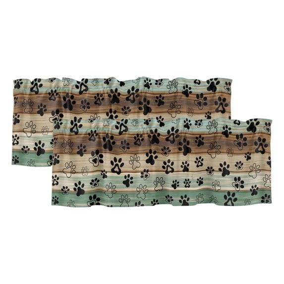 Teal Brown Valances for Windows, Pet Paw Printed Farmhouse Dog Claws Wood Grain Light Filtering Kitchen Curtains, Rod Pocket Window Valance Curtains for Living Room Bedroom, 42" W x 18" L, 2 Panels