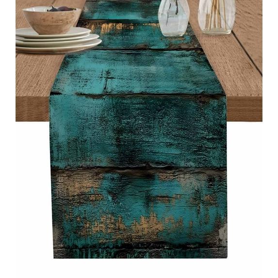 Teal Brown Vintage Wood Table Runner Cotton Linen 36 Inch Holiday Dresser Scarves, Abstract Retro Shabby Plank Tablerunner for Kitchen Coffee Dining Bedroom Living Room Dinner Scarf Décor 13''x36''