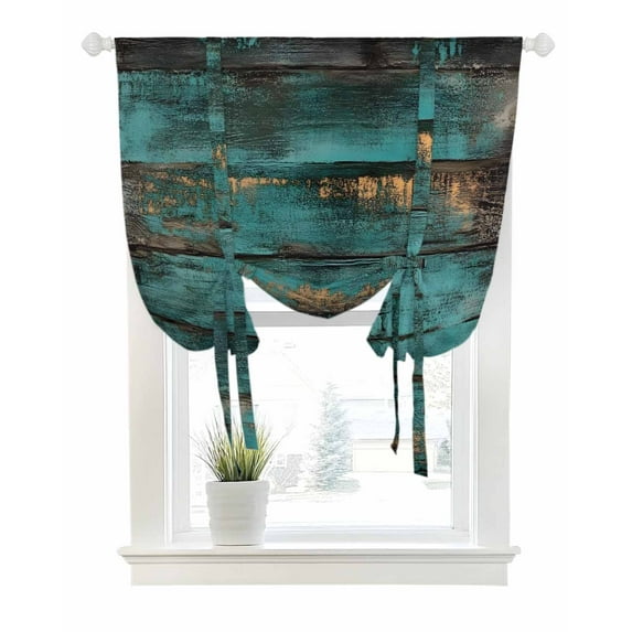 Teal Brown Vintage Wood Tie Up Curtains for Window, Thermal Insulted Balloon Shade Adjustable Rod Pocket Curtains Valance Panels for Kitchen Bathroom Cafe 52 x 45 Abstract Retro Shabby Plank