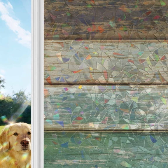 Teal Brown Window Privacy Film Stain Glass,Reusable Decorative Rainbow Window Film,Farmhouse Rustic Wooden Plank Board Non-Adhesive Static Cling Sun Blocking Stickers Decals Covers 23.6" x 59" (2pcs)