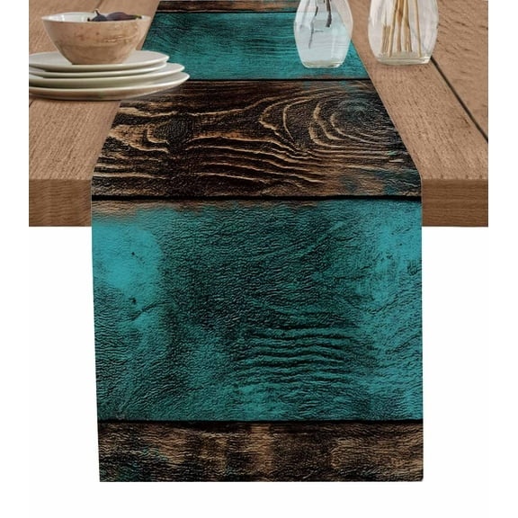 Teal Brown Wood Burlap Cotton Table Runner 16x72 Inches Long, Vintage Simple Chic Board Farmhouse Table Runners, Outdoor Dining Tablecloths Decor for Baby Shower/Party/Wedding