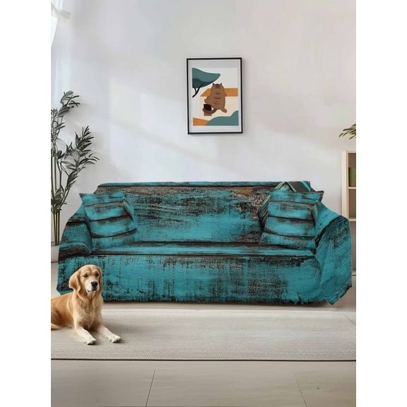 Teal Brown Wood Couch Cover, Vintage Chic Shabby Plank Oversized Sofa Cover Blanket for 3 Cushion Couch,Sectional Sofa Slipcover Furniture Protector for Living Room Bedroom 71''x150''
