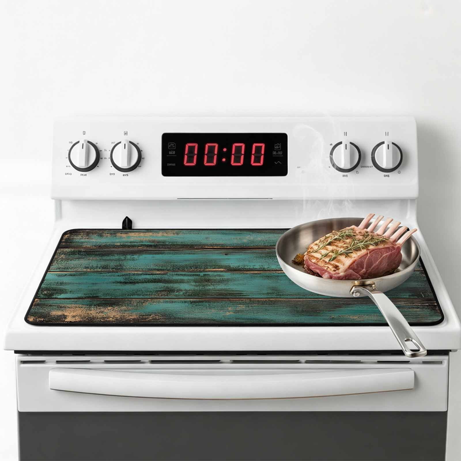 Teal Brown Wood Print Stove Top Cover for Electric Stove, Heat-proof & Non Slip Glass Top Stove Cover Protector, Farmhouse Vintage Plank Kitchen Flat Cooktop Rubber Mat 24x21 Inches
