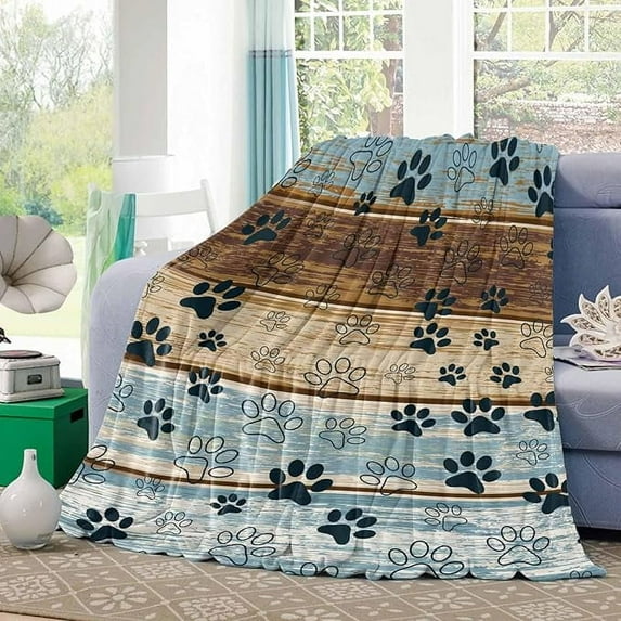 Teal Brown Wooden Plank Fleece Throw Blanket For Couch Flannel Bed Blankets Abstract Dog Animal Claw Print Fuzzy Warm Plush Throws Super Soft Cozy Blanket For Sofa Travel 60" x 80"