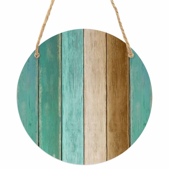 Teal Brown Wooden Round Front Door Welcome Sign, 7.8 Inch Wall Hanging Decor for Indoor Outdoor, Farmhouse Vertical Striped Art Home Porch Hanger Decorations for Holiday Gift