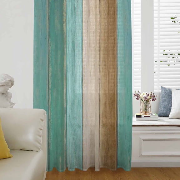 Teal Brown Wooden Semi Sheer Curtains Drapes for Living Room, Bedroom, French Doors Window 45 Inches Long, Farmhouse Vertical Striped Art Rod Pocket Chiffon Curtain Drapery Voile Draperies Panel
