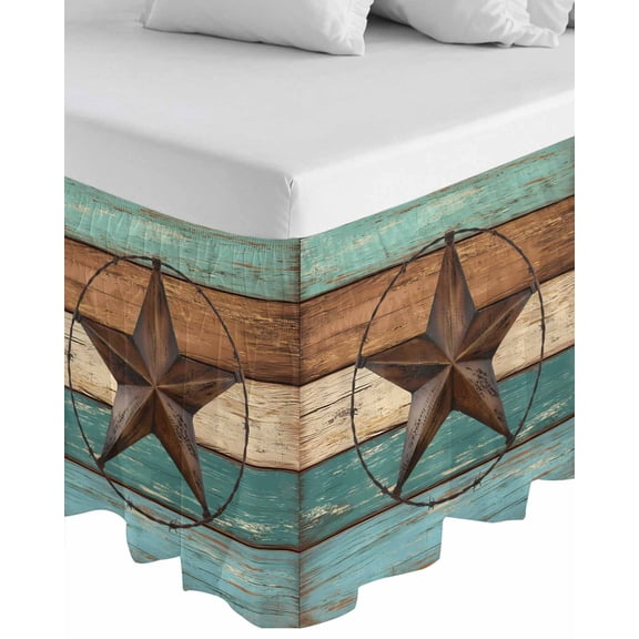 Teal Brown Wrap Around Bed Skirts for Queen Bed 16" Drop,Bed Skirt with Adjustable Elastic Belt Dust Ruffle Bed Valance for Bedroom Hotel Country Texas Star Farmhouse Barn Door Wood Bed Frame Cover