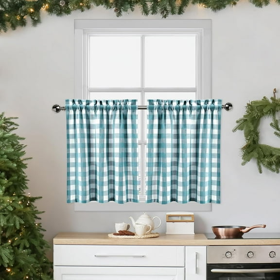 Teal Buffalo Plaid Cafe Curtains 36 Inches Long,Dark Blue Buffalo Check Kitchen Tier Curtains, Gingham Rod Pocket Short Tier Curtain for Kitchen Bathroom Window Curtains, 28"x36", Teal/White, Set of 2