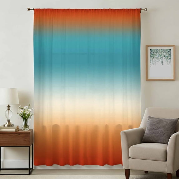 Teal Burnt Orange Ombre Sheer Curtains 45 Inches Long, Contemporary Gradient Abstract Art Light Filering Curtains, Breathable Simi Curtain Privacy Drapes for Kitchen Bathroom Small Window Treatment