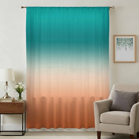 Teal Burnt Orange Ombre Sheer Curtains 72 Inches Long, Modern Gradient Abstract Art Light Filering Curtains, Breathable Simi Curtain Privacy Drapes for Living Room Lightweight Window Treatment
