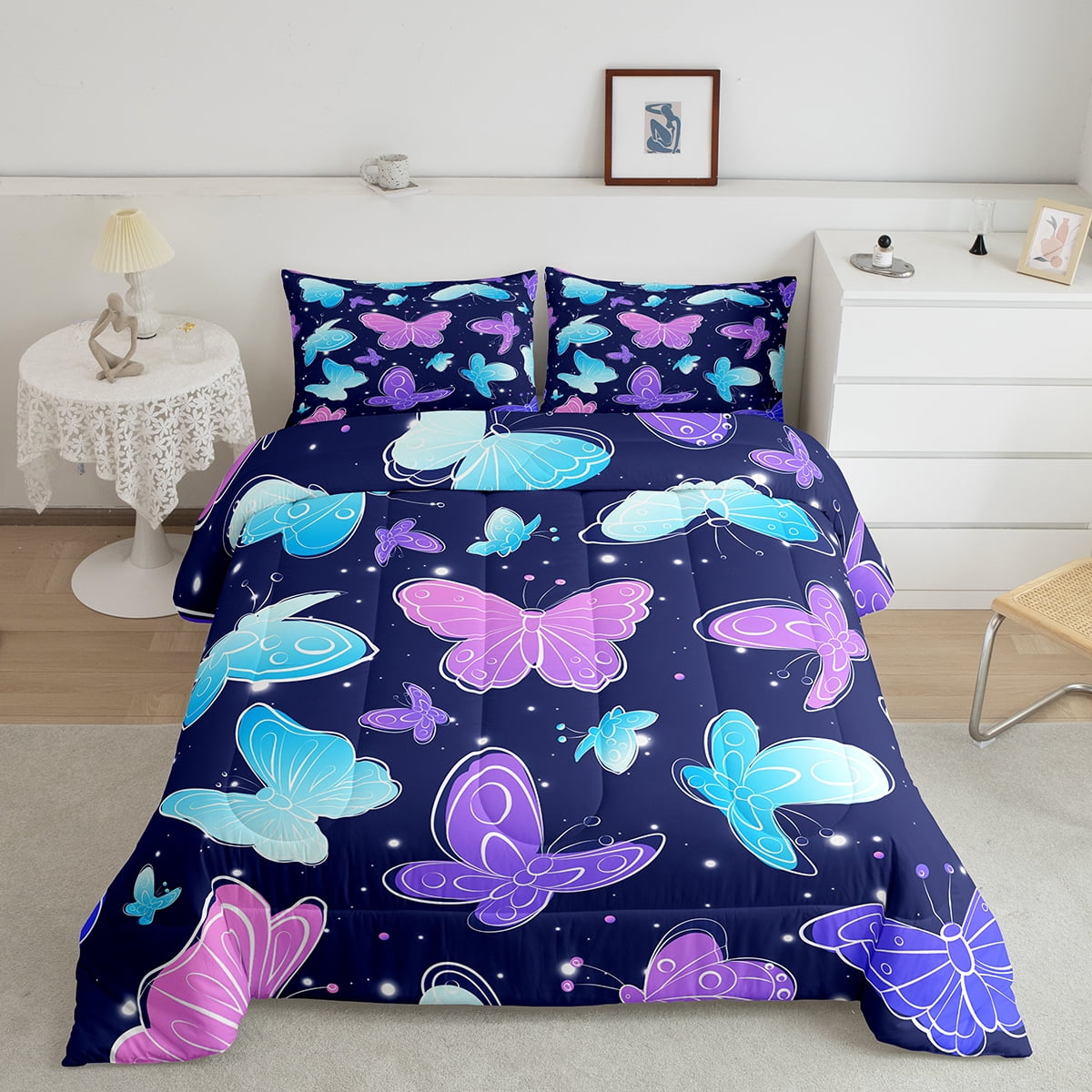 Teal Butterflies Kawaii Bedding Set Girls,Rustic Farmhouse Animals