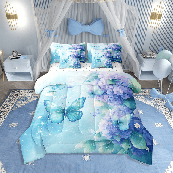 Teal Butterfly Comforter 7 Pieces Floral Twin Bedding Set,Purple Flowers Botanical Bed In A Bag Butterflies Decor Sheet Set Teens
