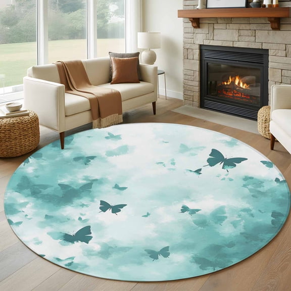 Teal Butterfly Round Rugs for Living Room 6ft Foggy Teal Green Butterfly Silhouette Non Slip Circle Rug Washable Low-Profile Indoor Carpet for Bedroom, Dining Room, Bathroom