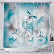 Teal Butterfly Shower Curtain, Butterfly in Spring with Irises Flowers Fabric Shower Curtain, Blue Floral Flower Polyester Fabric Waterproof Bathroom Curtains, 
