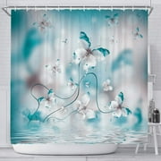 Teal Butterfly Shower Curtain, Butterfly in Spring with Irises Flowers Fabric Shower Curtain, Blue Floral Flower Polyester Fabric Waterproof Bathroom Curtains, 12 Hooks Included 69x70inches