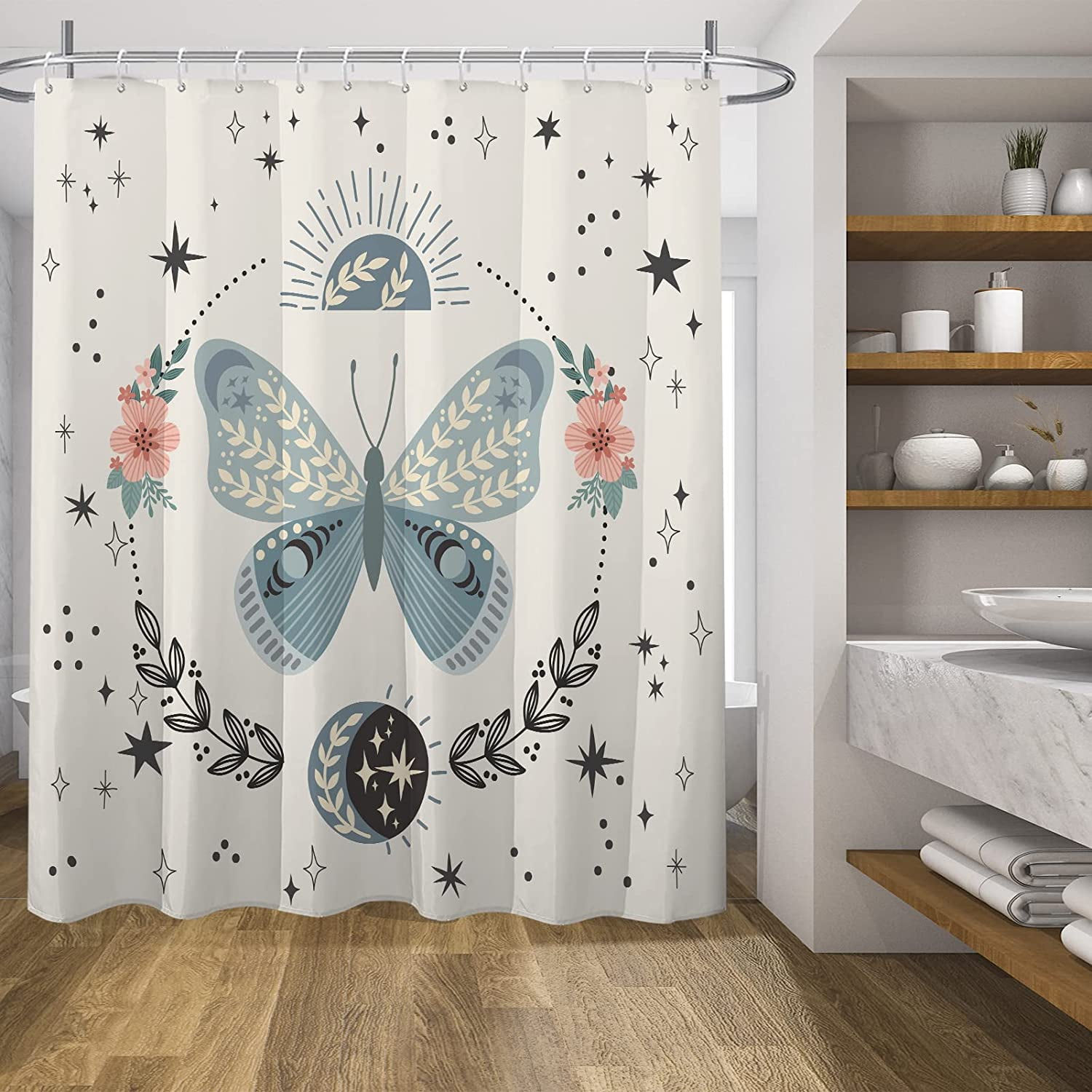 Teal Butterfly Shower Curtains for Bathroom,Boho Butterflies Floral Sun
