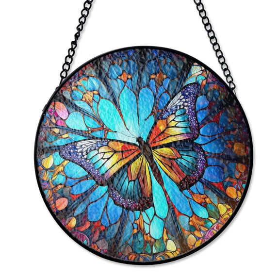 Teal Butterfly Stained Glass Suncatcher UV Printed Glass Blue Insect Nature Art Round
