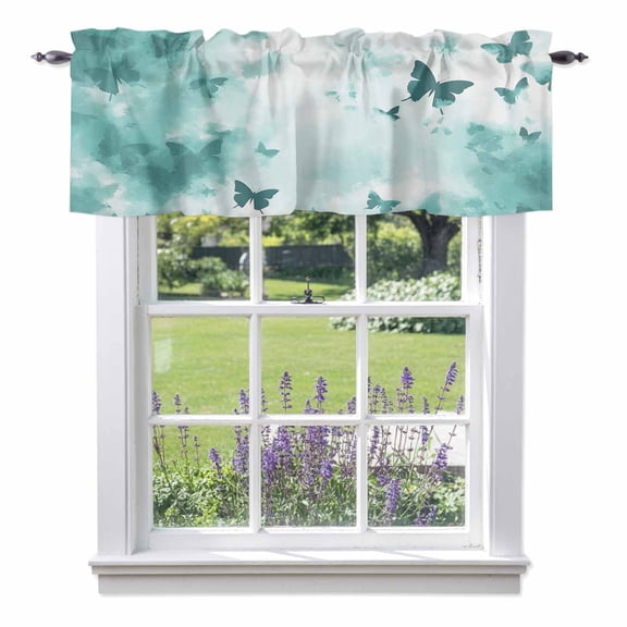 Teal Butterfly Window Valance for Kitchen, Foggy Teal Green Butterfly Silhouette Rod Pocket Short Curtains for Bathroom Bedroom Small Window, Light Filtering Decorative Valances, 42 x 18 Inches
