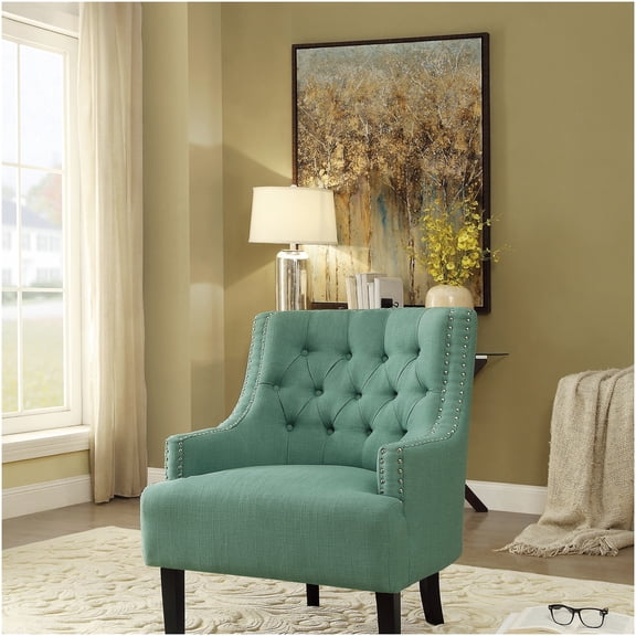 Teal Button Tufted Accent Chair with Nailhead Trim, Textured Fabric Upholstery and Solid Wood Legs for Living Room