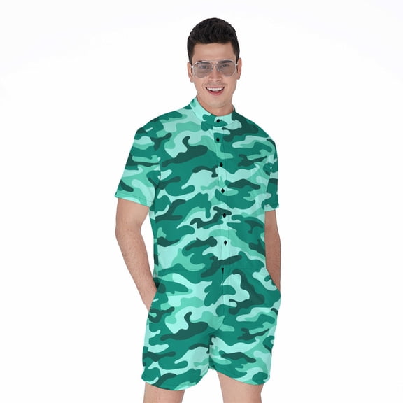 Teal Camouflage Short Sleeve Men'S Rompers Casual Summer Jumpsuits Outfit