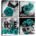 thumbnail image 1 of Teal Canvas Wall Art Turquoise Rose Flower Wall Decor for Bathroom Kitchen Black and White Floral Prints Picture Romantic Love Sign Wooden Texture Background Framed Artwork Home Decoration 16x16 4Pcs, 1 of 6