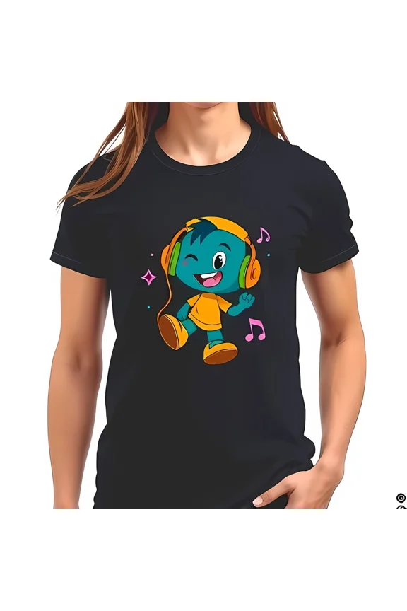 Teal Cartoon Boy with Headphones Tee Bright Playful Music Art Unisex T-Shirt up to size 5XL