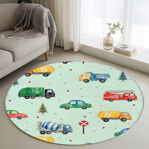 Teal Cartoon Truck Round Area Rug 3Ft Washable Small Circle Rugs for Kitchen Entryway, Funny Cute Colorful Car Tree Polka Dot Non-Slip Carpet Floor Mats Indoor Outdoor Carpet Runner Home Decor