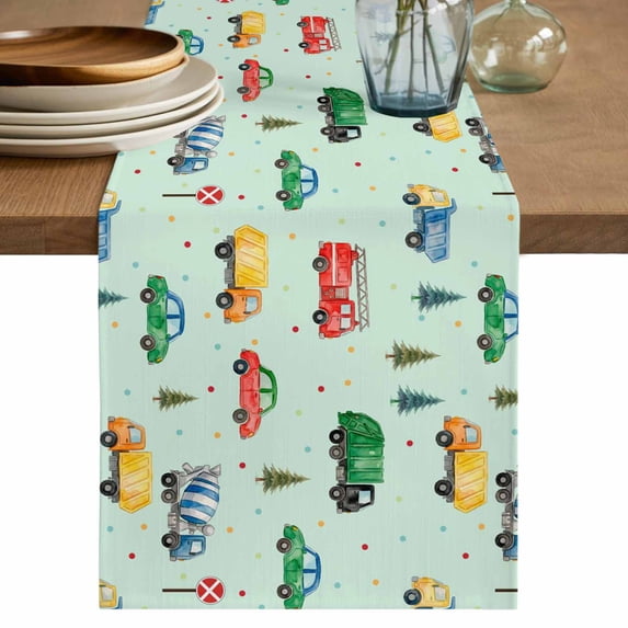Teal Cartoon Truck Table Runner 90 Inches, Funny Cute Colorful Car Tree Polka Dot Bed Runner Dresser Scarves Tabletop for Indoor Outdoor Parties/Ceremony/Banquet, 13" x 90"