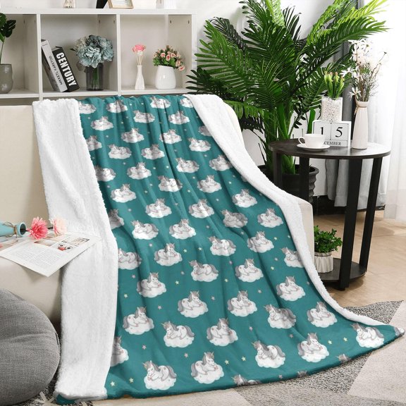 Teal Cartoon Unicorn Cloud Pattern Blanket,Comfortable Soft Flannel Throw Blanket,All Season,Warm Lightweight Blankets for Sofa Bed Couch Living Room Chair,50"x60"