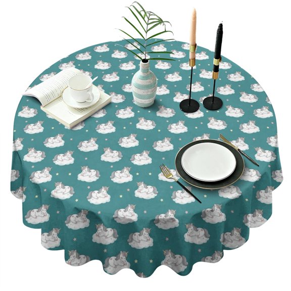 Teal Cartoon Unicorn Cloud Pattern Round Tablecloth 60"x60",Wrinkle Wipeable Table Cloth for Kitchen Dining Room Picnic Patio Party