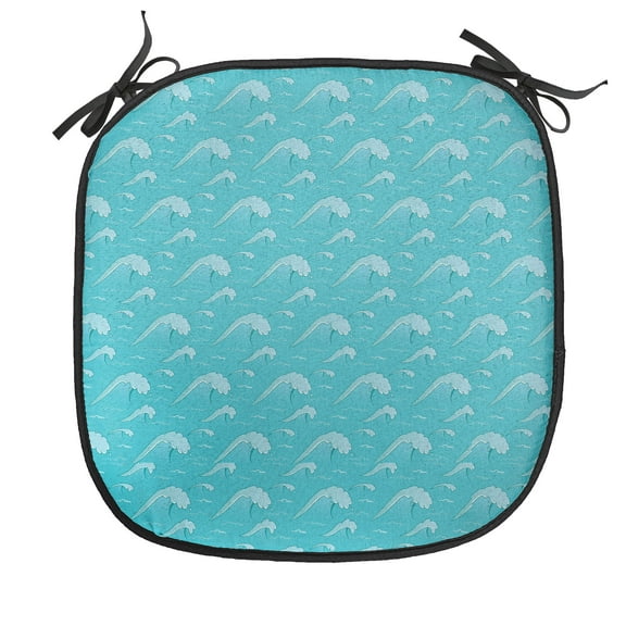 Teal Chair Seating Cushion, Waves Pattern in Ocean Summertime Oriental Japanese Style Cartoon Illustration Art, Soft Seat Pads for Office with Anti-slip Backing, 16"x16", Green, by Ambesonne