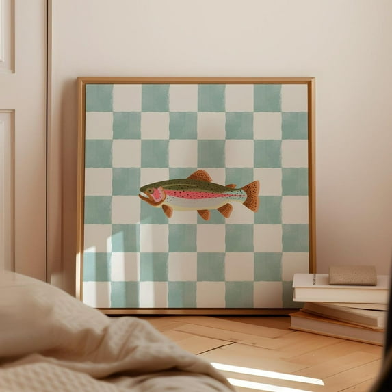 Teal Checkered Rainbow Trout Square Print, Instant Trendy Decor, Living Room Art, Nautical Wall Art, Modern Wall Decor, 16x16 UNFRAMED