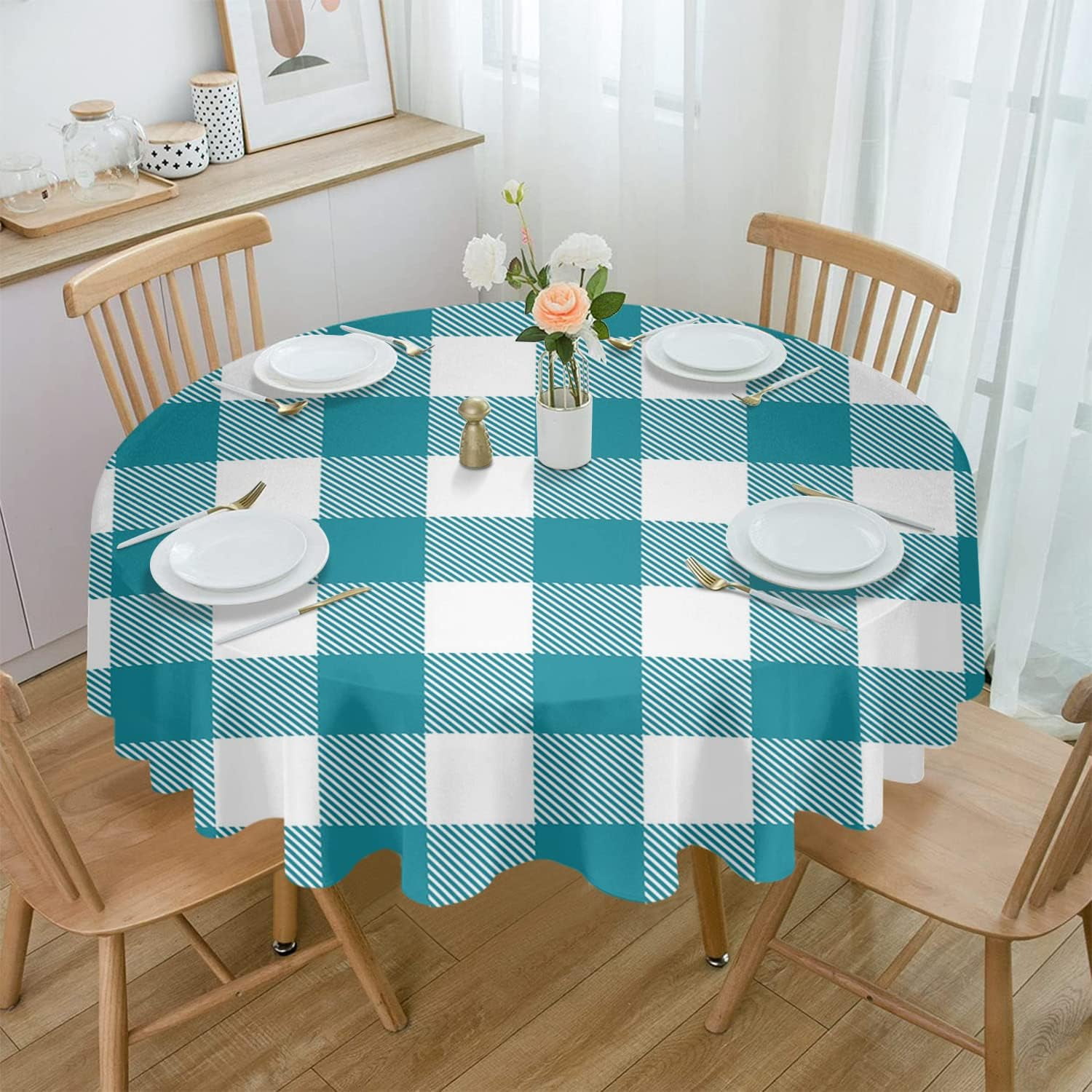 Teal Checkered Round Tablecloth 60 Inch - Waterproof Fabric Table Cloth ...