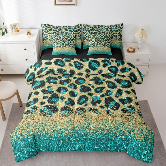 Teal Cheetah Print Comforter Set 7 Piece Bed in a Bag Twin,Gold Sequin Print Bedding Set Animal Hide Leopard Sheet Set with Comforter African Animals Bed Set,Big Cat Spot Western Decor