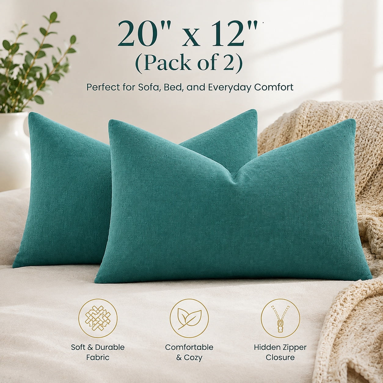 Teal Chenille Lumbar Throw Pillow Covers 12x20 Set of 2, Soft Coastal