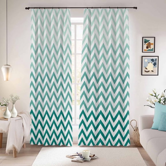 Teal Chevron Blackout Curtains for Bedroom/Living Room, Pinch Pleated Black Out Curtains, Ombre Geometric Ocean Wave V-shaped Room Darkening Window Drapes with Hooks 2 Panels, 39"x70"