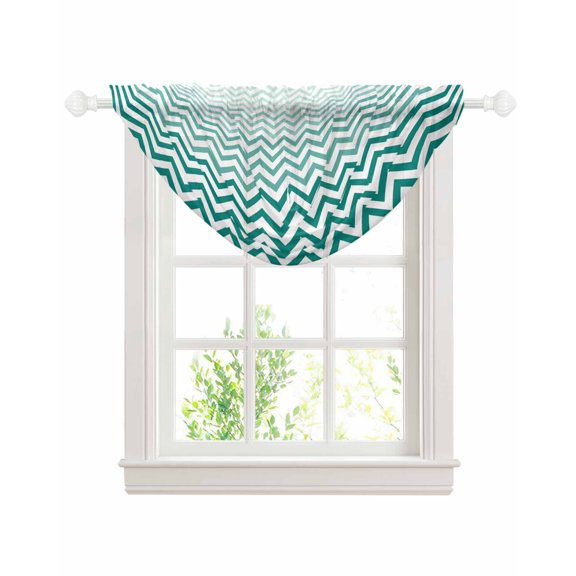 Teal Chevron Sheer Waterfall Valance Curtains for Window, Ombre Geometric Ocean Wave V-shaped Rod Pocket Sheer Topper Swag Curtains for Living Room, Kitchen 38.5"W x 47.2"L, 1 Panel