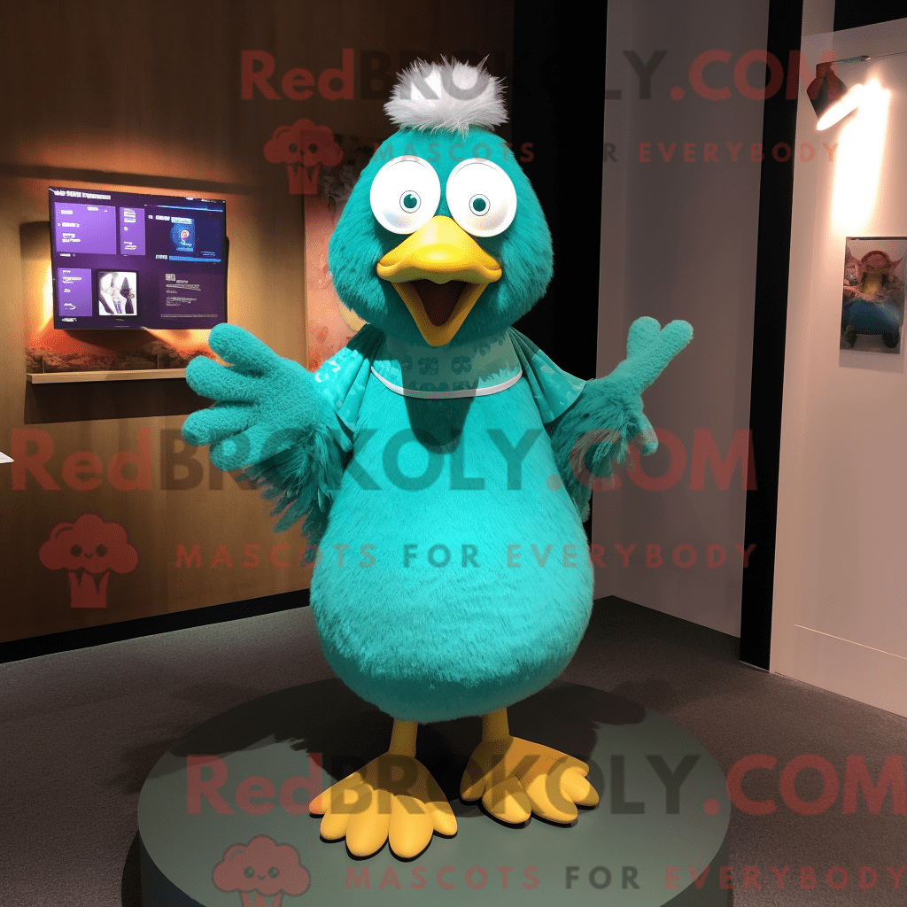 Teal Chicken REDBROKOLY mascot costume character dressed with a Mini ...