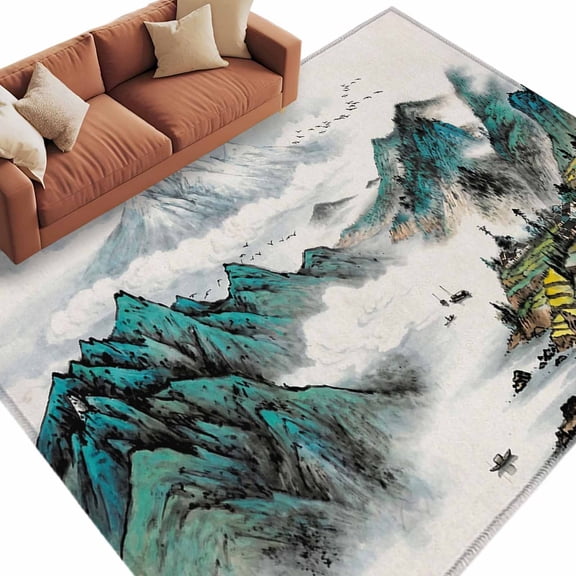 Teal Chinese Ink Area Rug 5x7 Washable Rug Non Slip Oil Painting Abstract Art Mountain Large Area Rug Soft Stainresistant Indoor Floor Carpet for Living Room Bedroom Home Office Dining Room Nursery