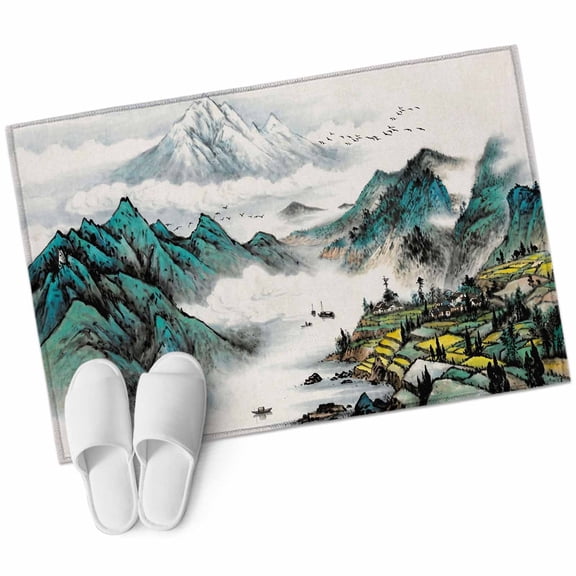 Teal Chinese Ink Bathroom Rug Washable 2x3 Entryway Rug Non Slip Oil Painting Abstract Art Mountain Front Door Mat Low Pile Indoor Doormat Throw Floor Carpet for Kitchen Bedroom Entrance