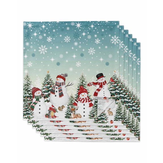 Teal Christmas Cloth Napkins Set of 6 Reusable Dinner Napkins, Snowman Xmas Tree Snowflake Winter Cocktail Napkin Washable Table Napkins for Wedding/Holiday Party/Baby Shower 20"x20"