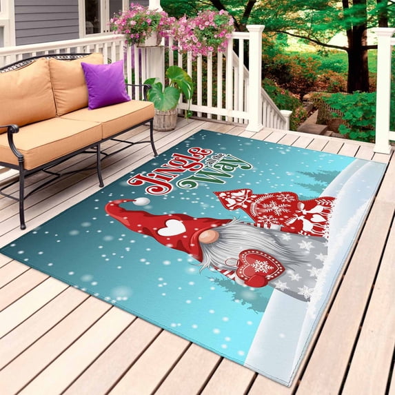 Teal Christmas Gnomes Outdoor Rug 3x5 Ft, Non Slip Washable Area Rug, Xmas Tree Snowflake Love Winter Patio Rugs Carpet Runner, Large Floor Mat for Indoor/Outdoor Deck Porch Camping