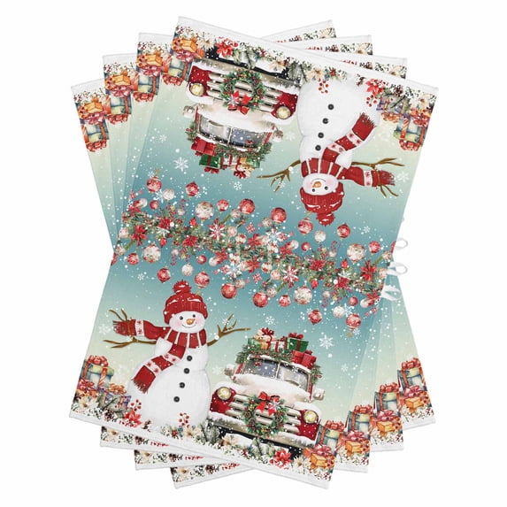 Teal Christmas Kitchen Towels Set of 4, Water Absorbent Dish Towel, Snowman Truck Xmas Balls Snowflake Decorative Hand Towels - Quick Drying Cloth for Cooking Baking, 18x28 Inch