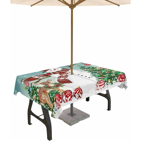 Teal Christmas Outdoor Tablecloth - 60x84 Inch Rectangle Dining Table Cover, Snowman Xmas Tree Elk Snowflake Waterproof Outdoor Table Cloth with Umbrella Hole & Zipper for Picnic/Patio